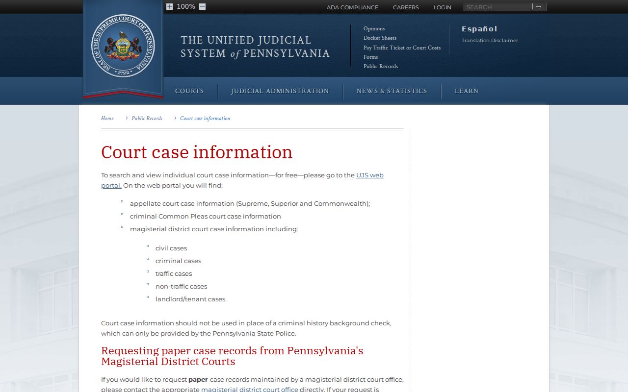 Pennsylvania guidance for Jefferson County criminal case records