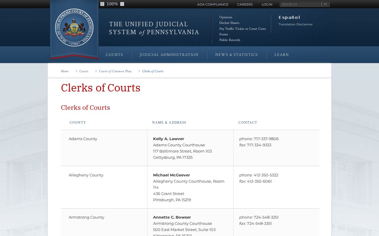 Pennsylvania clerk directory for Jefferson County criminal case records