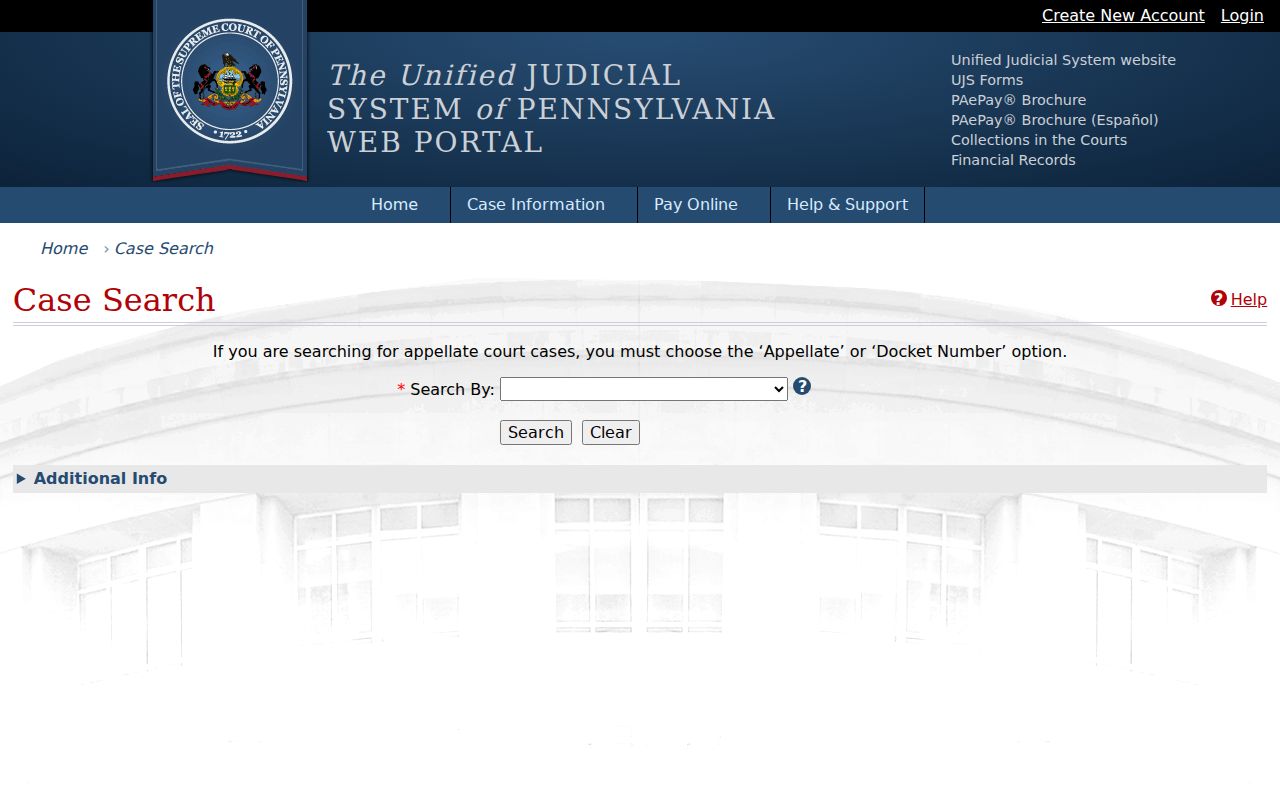 UJS search interface for Jefferson County criminal court cases
