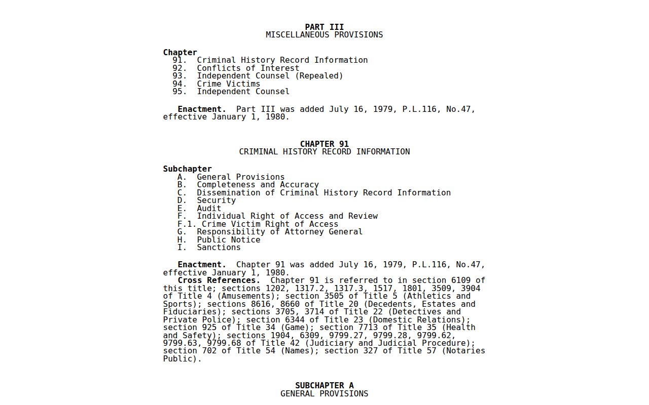 Pennsylvania criminal history law related to Jefferson County registry use